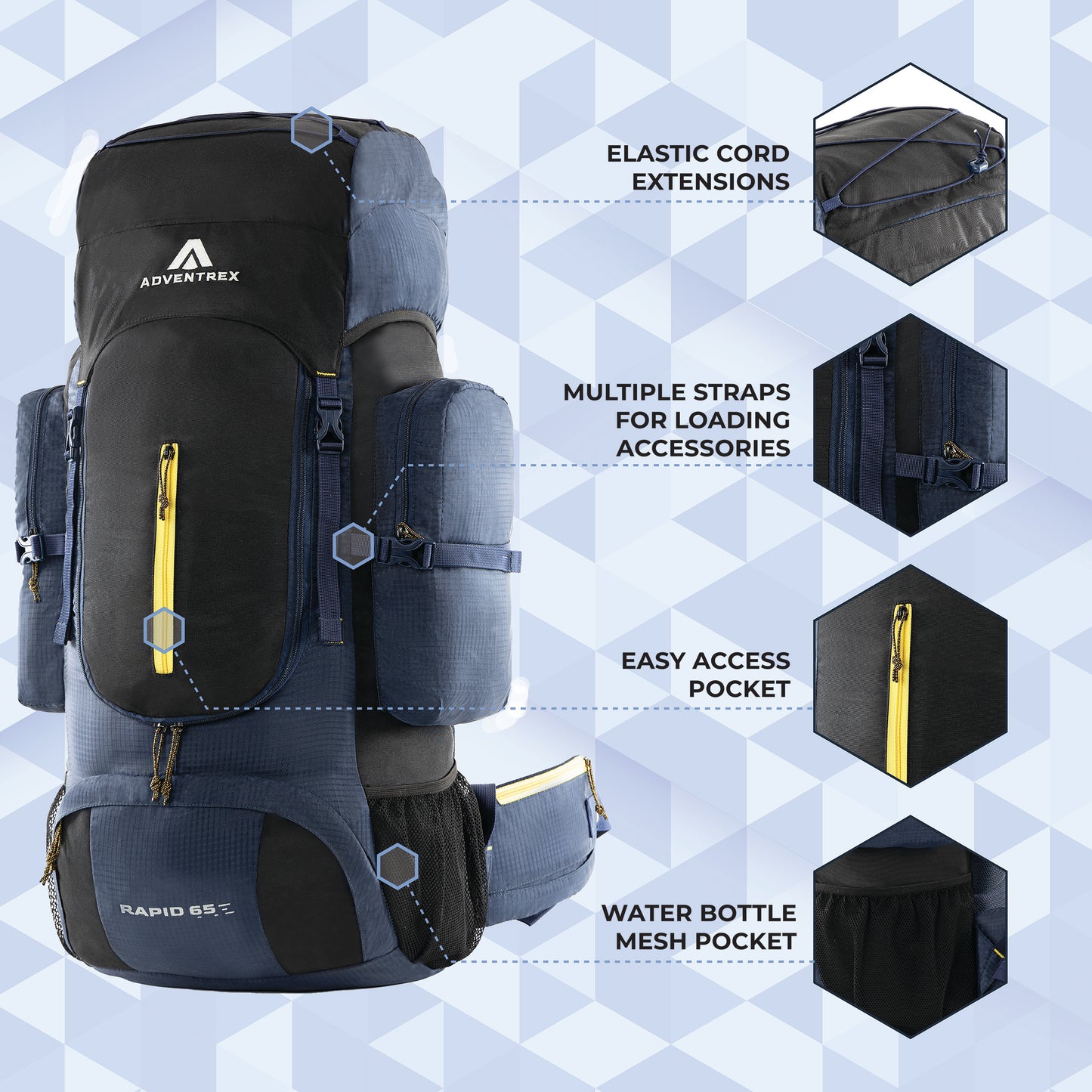 Rapid 65 Litre Front Opening Rucksack for Travelling and Hiking (Navy Blue)
