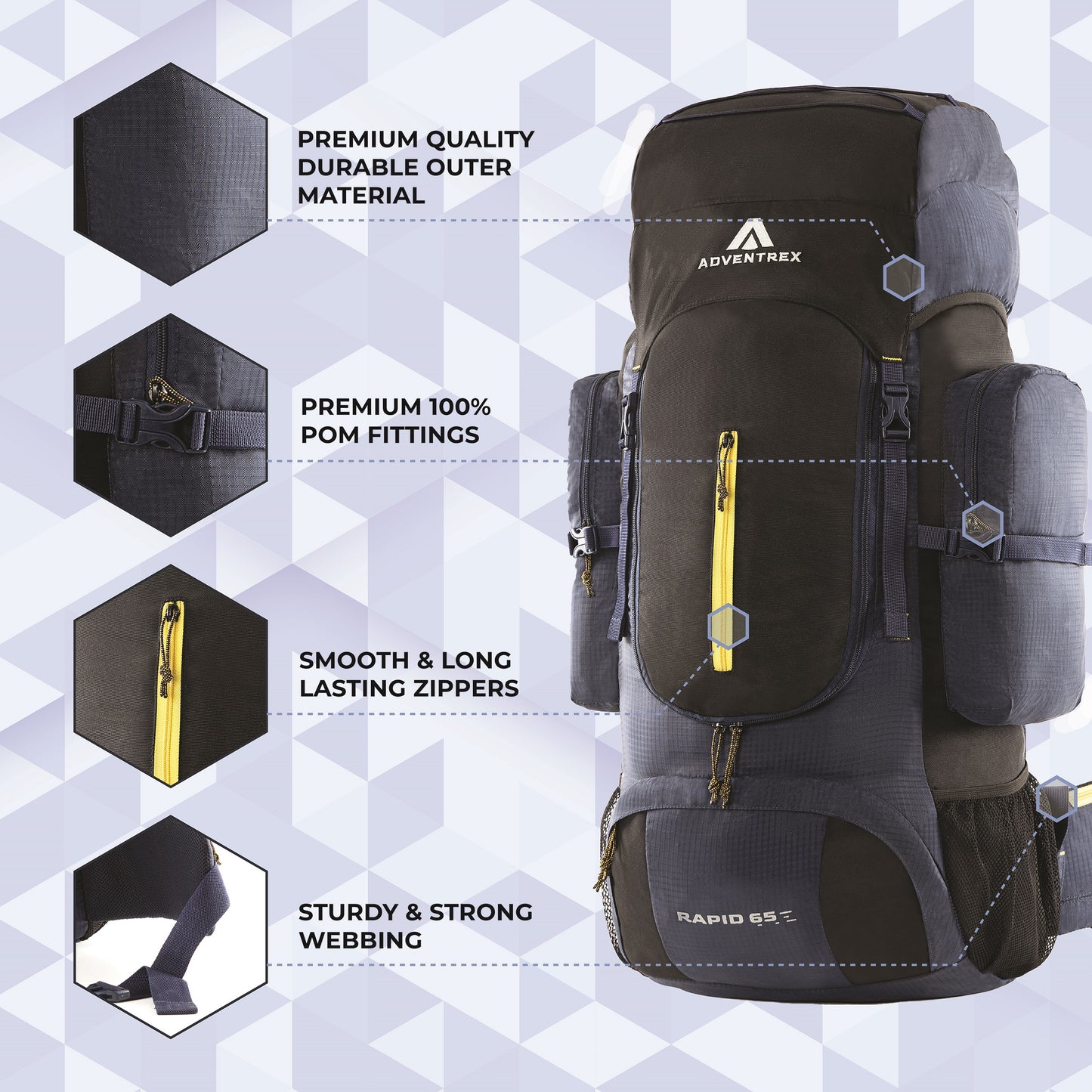 Rapid 65 Litre Front Opening Rucksack for Travelling and Hiking (Navy Blue)